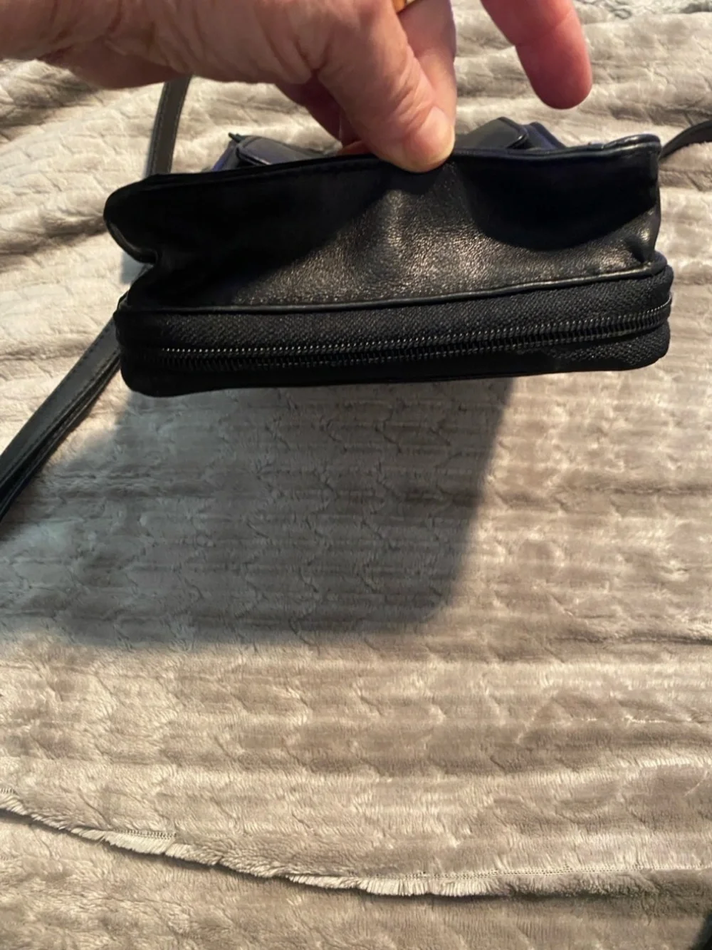 TUMI Black Leather Messenger Bag with Silver Hardware